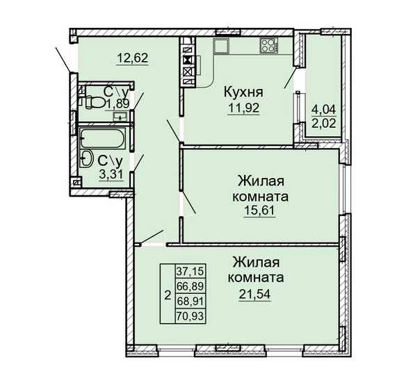 Планировка 2-комн 70,93 м²