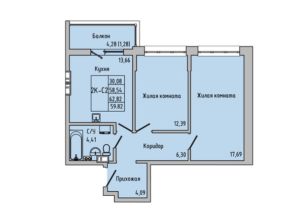 Планировка 2-комн 58,87 - 60,03 м²
