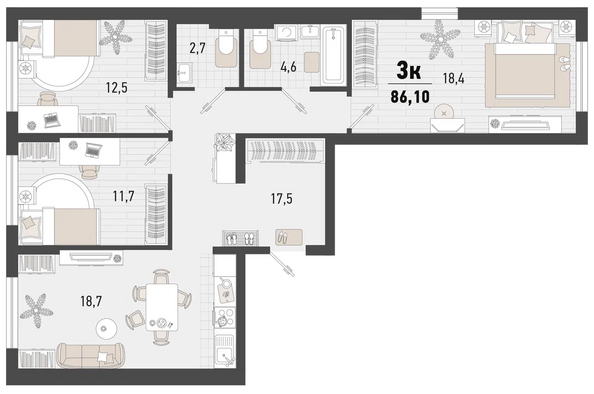 Планировка 3-комн 86,1 м²