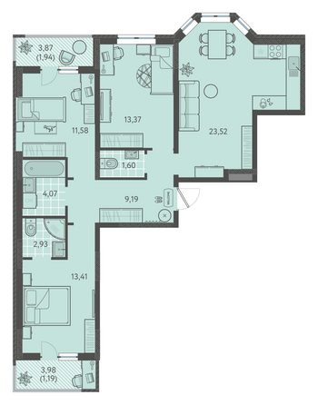 Планировка 3-комн 84,35 - 85,35 м²