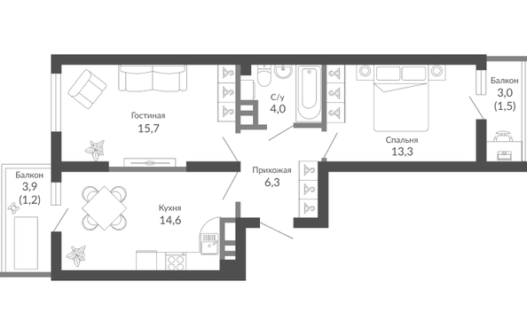 Планировка 2-комн 56,6 м²