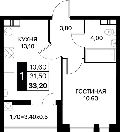Планировка 1-комн 33,2, 33,5 м²