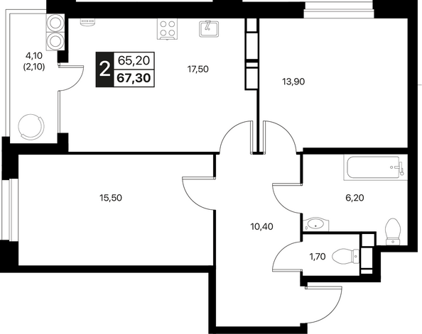 Планировка 2-комн 67,3 - 67,8 м²