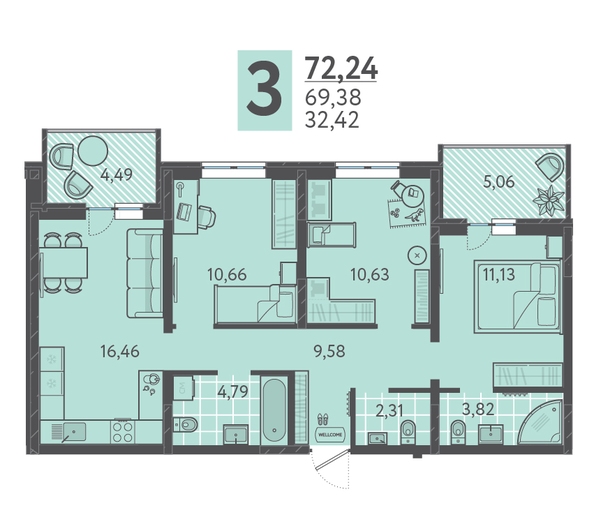 Планировка 3-комн 72,24 м²