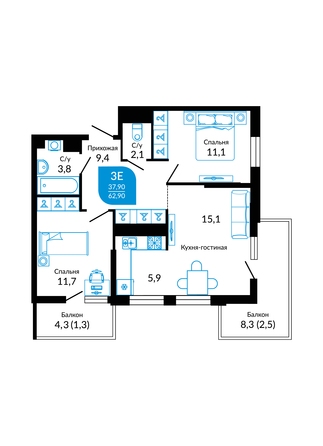 Планировка 2-комн 62,9 м²