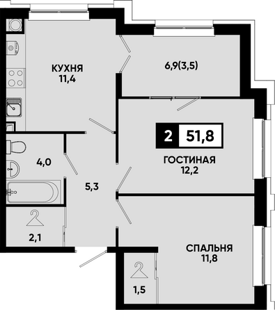 Планировка 2-комн 51,8 м²