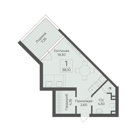 Планировка Апартамент 38,1, 38,15 м²