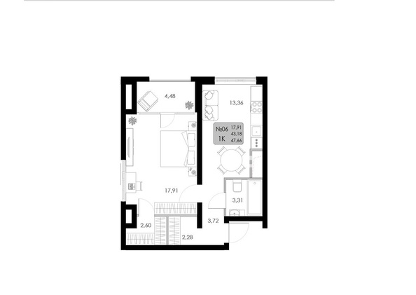 Планировка 1-комн 47,56 - 47,7 м²