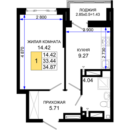 Планировка 1-комн 34,87 м²