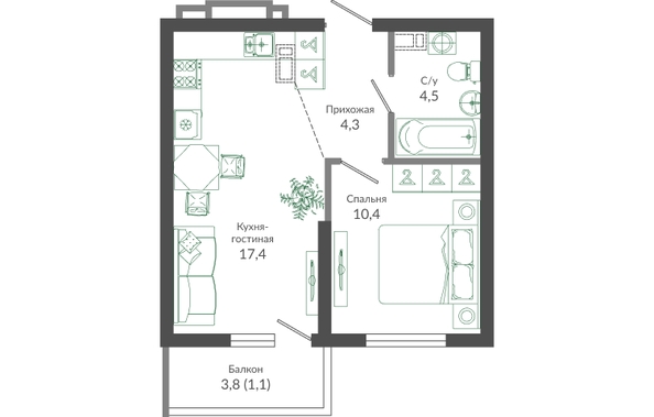 Планировка 1-комн 37,7 м²