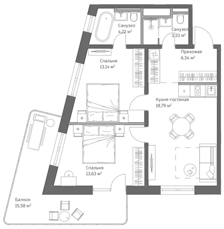Планировка 2-комн 65 м²
