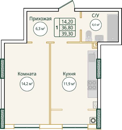 Планировка 1-комн 39,3 м²
