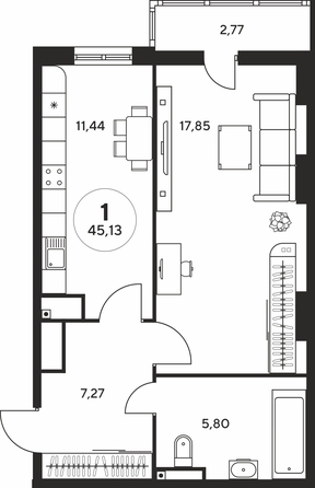 Планировка 1-комн 44,99 - 45,19 м²