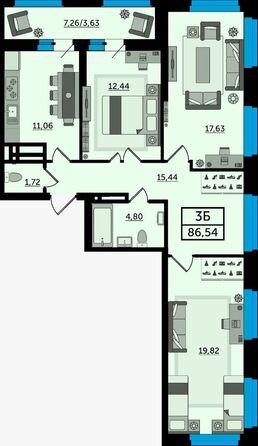 Планировка 3-комн 86,15 м²