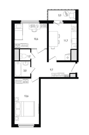 Планировка 2-комн 51,5 - 51,7 м²