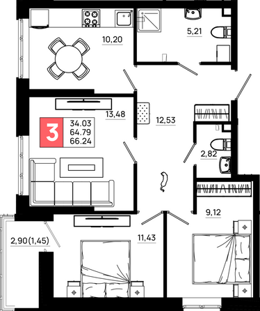 Планировка 3-комн 66,24 м²