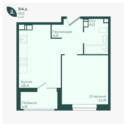 Планировка 1-комн 34, 34,1 м²
