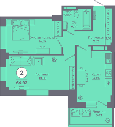 Планировка 2-комн 64,58 - 64,77 м²