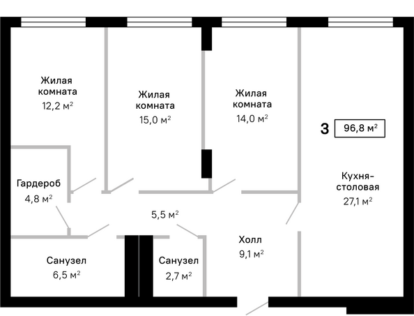 Планировка 3-комн 96,8 м²