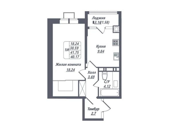 Планировка 1-комн 40,17 м²