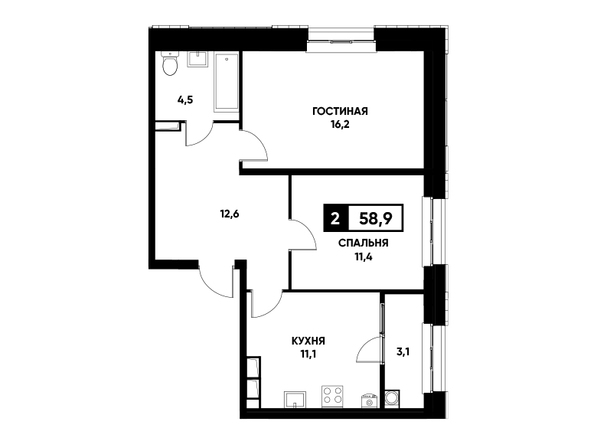 Планировка 2-комн 58,9 - 59,5 м²