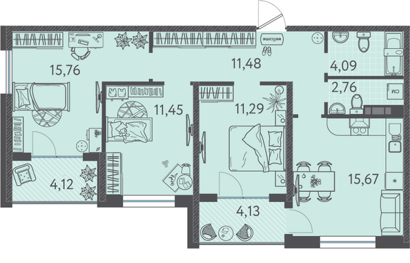 Планировка 3-комн 75,25 - 75,65 м²