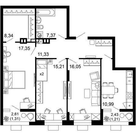Планировка 3-комн 89,15 м²