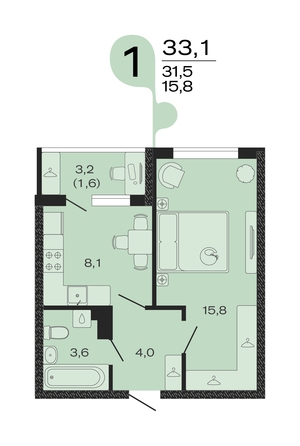 Планировка 1-комн 33,1 м²