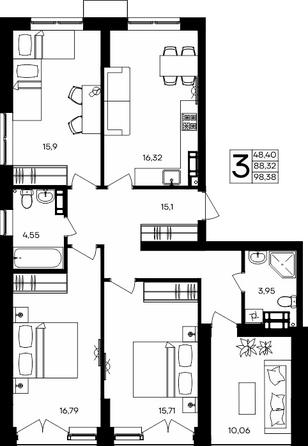 Планировка 3-комн 98,28, 98,38 м²