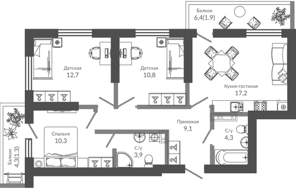 Планировка 3-комн 71,5 м²