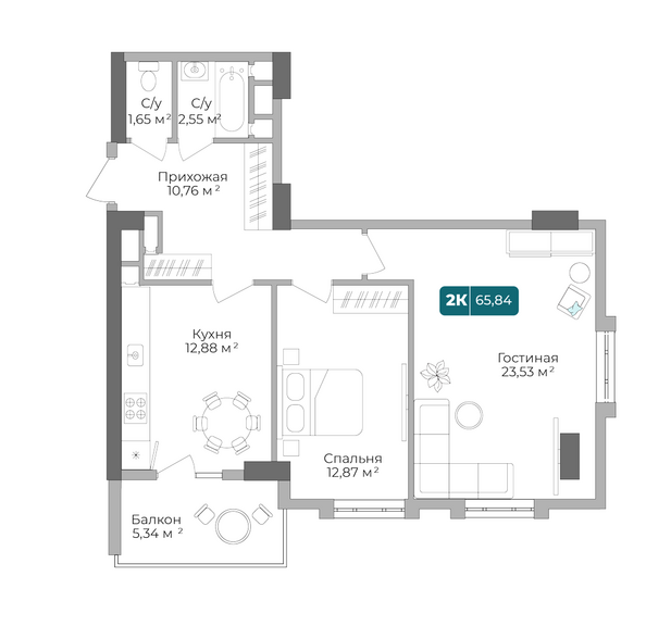 Планировка 2-комн 65,84 м²