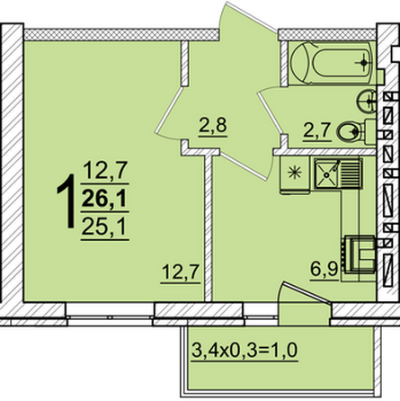 Планировка 1-комн 26,1 м²