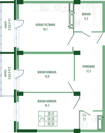 Планировка 2-комн 66,5 м²