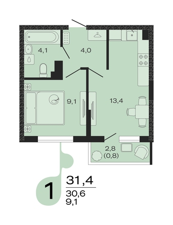 Планировка 1-комн 31,4 м²