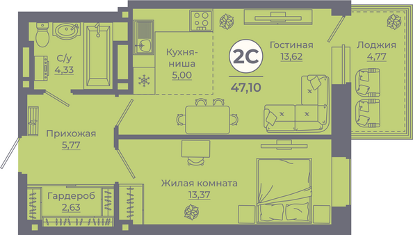 Планировка 2-комн 64,53 м²