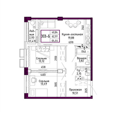 Планировка 3-комн 64,44 м²