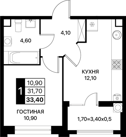 Планировка 2-комн 32,3, 33,4 м²