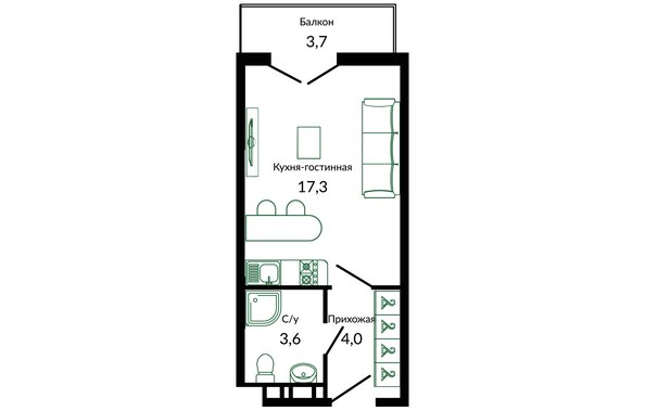 Планировка 1-комн 26 м²