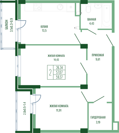 Планировка 2-комн 59,37 м²