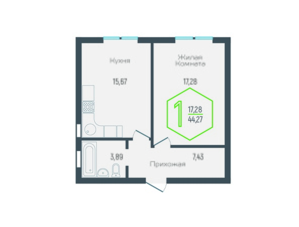 Планировка 1-комн 44 м²