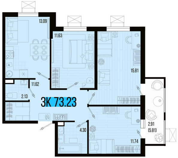 Планировка 3-комн 73,23 м²