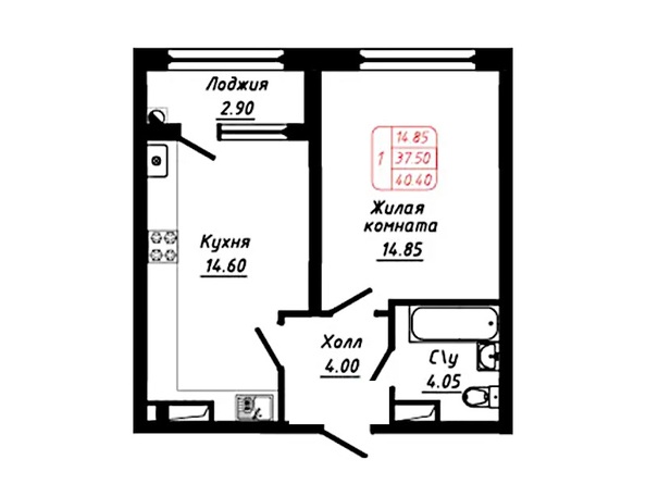Планировка 1-комн 40,4, 40,5 м²
