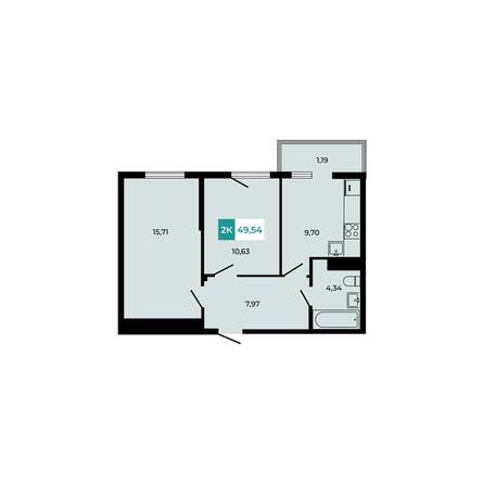 Планировка 2-комн 49,54 м²