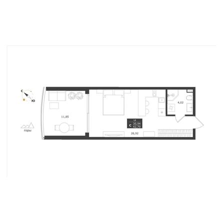 Планировка Апартамент 39,62 - 42,79 м²