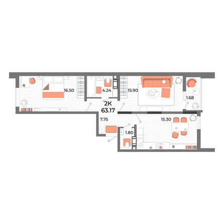 Планировка 2-комн 60,1 м²