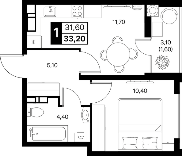 Планировка 1-комн 33,2 - 34 м²