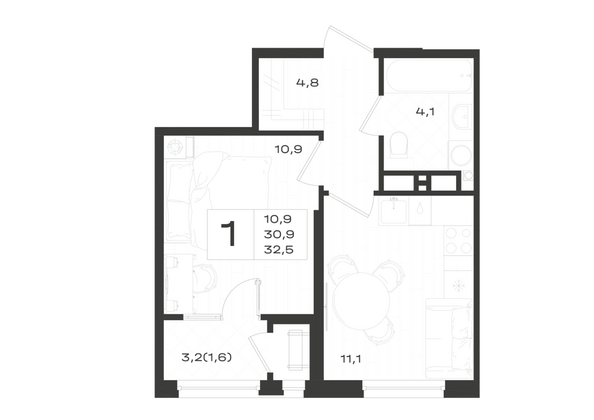 Планировка 1-комн 32,5 м²