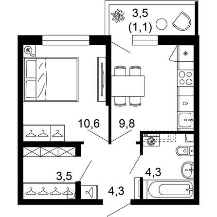 Планировка 1-комн 33,6 м²