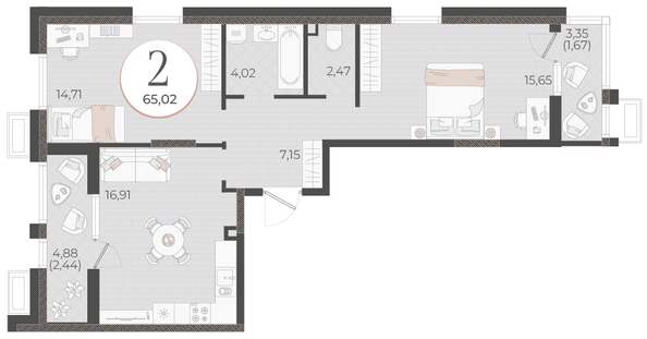Планировка 2-комн 65,02 м²