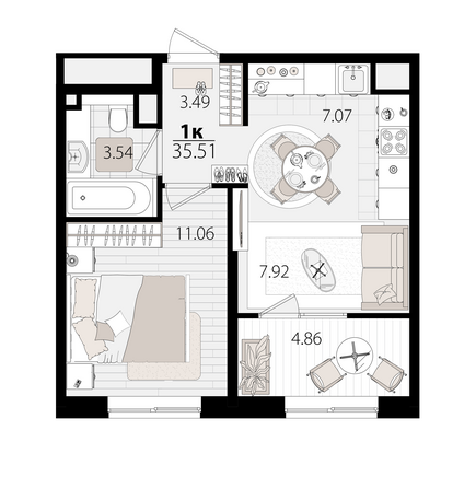 Планировка 1-комн 35,37 м²